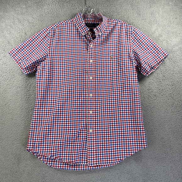 Polo Ralph Lauren Shirt Mens Medium Red White Blue Gingham Flesh Pony Oxford - Picture 1 of 7